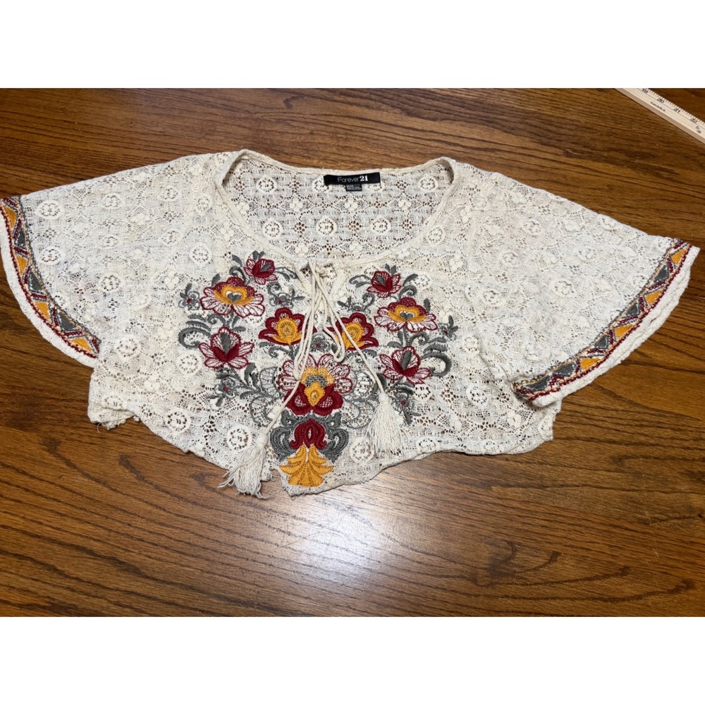 Forever 21‎ Womens Boho Floral Embroidered Lace Crop Top Cream Tassel Tie Medium